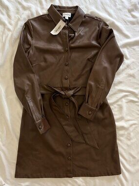 NWT The Drop Brown Leather Short Long Sleeve Mini Dress Size XS